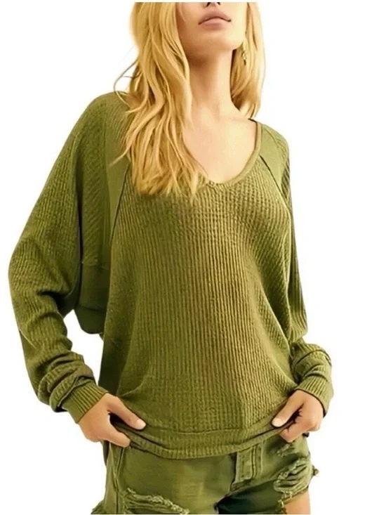 Free People Santa Clara Olive Green Long Sleeve Top; size small; Like New - Picture 1 of 9